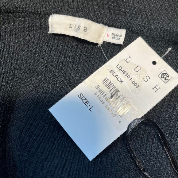 Lush Black Ribbed Knit Long Sleeve Crossover Mini Sweater Dress Large NWT - Picture 3 of 11